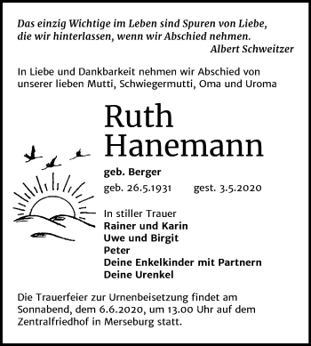 Traueranzeige von Ruth Hanemann von Mitteldeutsche Zeitung Merseburg/Querfurt