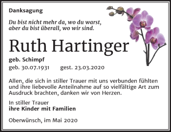 Traueranzeige von Ruth Hartinger von Mitteldeutsche Zeitung Merseburg/Querfurt