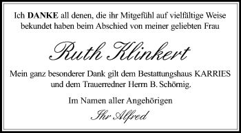 Traueranzeige von Ruth Klinkert von Super Sonntag Quedlinburg