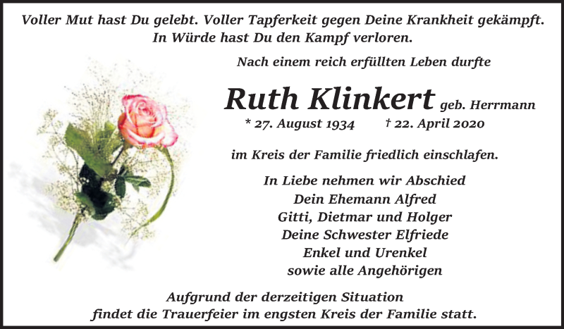  Traueranzeige für Ruth Klinkert vom 09.05.2020 aus Super Sonntag Quedlinburg