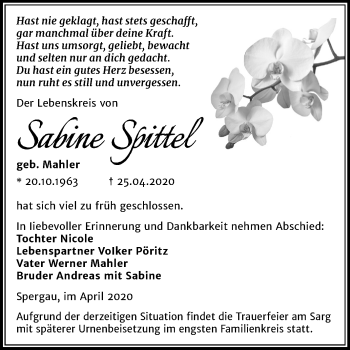 Traueranzeige von Sabine Spittel von Mitteldeutsche Zeitung Merseburg/Querfurt