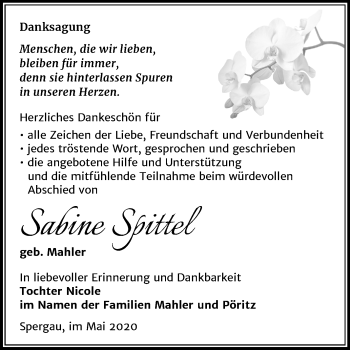 Traueranzeige von Sabine Spittel von Mitteldeutsche Zeitung Merseburg/Querfurt