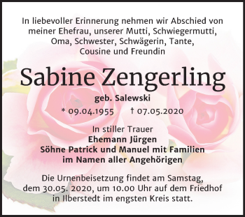 Traueranzeige von Sabine Zengerling von Mitteldeutsche Zeitung Bernburg