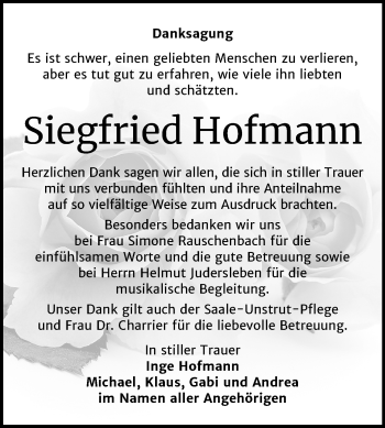 Traueranzeige von Siegfried Hofmann von Mitteldeutsche Zeitung Naumburg/Nebra