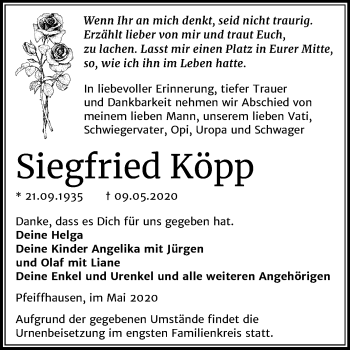 Traueranzeige von Siegfried Köpp von Wochenspiegel Mansfelder Land
