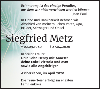 Traueranzeige von Siegfried Metz von Super Sonntag Aschersleben