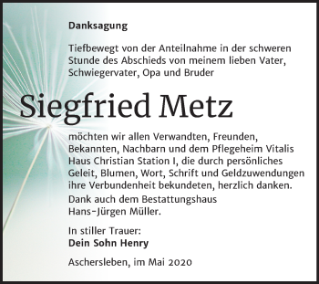 Traueranzeige von Siegfried Metz von Mitteldeutsche Zeitung Aschersleben