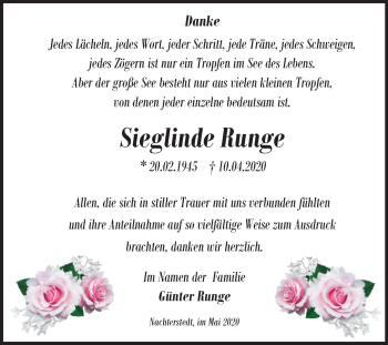 Traueranzeige von Sieglinde Runge von Mitteldeutsche Zeitung Aschersleben