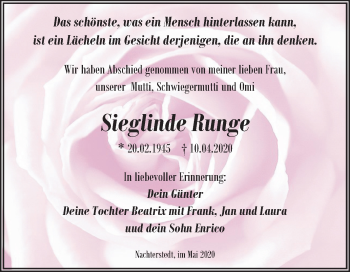 Traueranzeige von Sieglinde Runge von Mitteldeutsche Zeitung Aschersleben