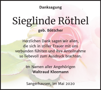 Traueranzeige von Sieglinde Röthel von Mitteldeutsche Zeitung Sangerhausen