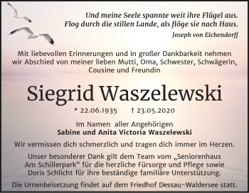 Traueranzeige von Siegrid Waszelewski von Mitteldeutsche Zeitung Dessau-Roßlau