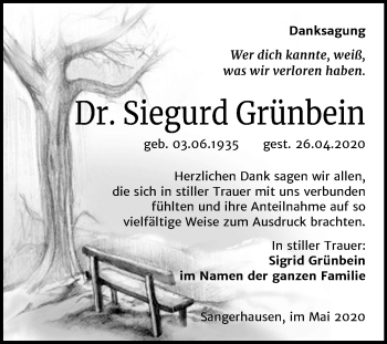 Traueranzeige von Siegurd Grünbein von Mitteldeutsche Zeitung Sangerhausen