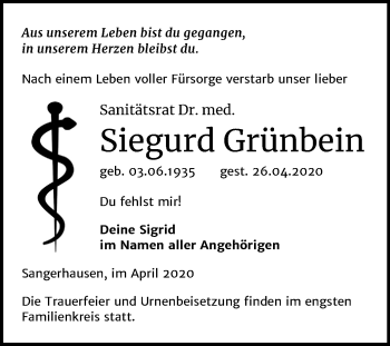 Traueranzeige von Siegurd Grünbein von Super Sonntag Sangerhausen