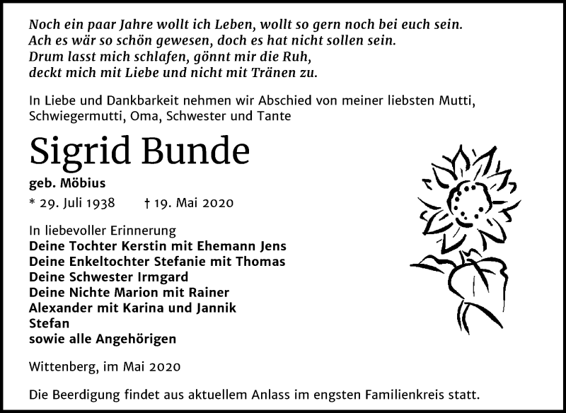  Traueranzeige für Sigrid Bunde vom 27.05.2020 aus Mitteldeutsche Zeitung Wittenberg