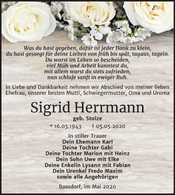 Traueranzeige von Sigrid Herrmann von Mitteldeutsche Zeitung Köthen