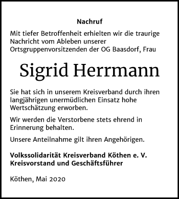 Traueranzeige von Sigrid Herrmann von Super Sonntag Köthen