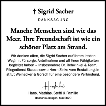 Traueranzeige von Sigrid Sacher von Mitteldeutsche Zeitung Bernburg