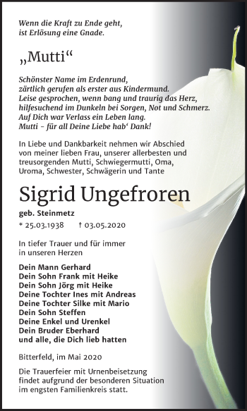 Traueranzeige von Sigrid Ungefroren von Wochenspiegel Bitterfeld