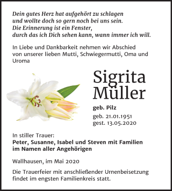Traueranzeige von Sigrita Müller von Mitteldeutsche Zeitung Sangerhausen