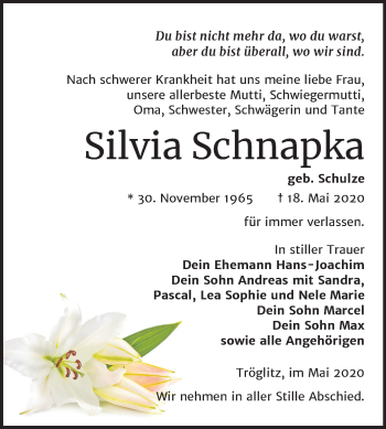 Traueranzeige von Silvia Schnapka von Super Sonntag Zeitz