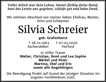 Traueranzeige von Silvia Schreier von Super Sonntag Aschersleben