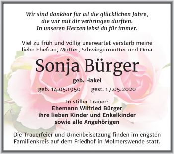 Traueranzeige von Sonja Bürger von Mitteldeutsche Zeitung Mansfelder Land