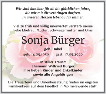 Traueranzeige von Sonja Bürger von Super Sonntag Mansfelder Land