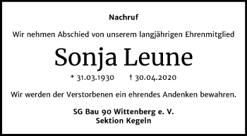 Traueranzeige von Sonja Leune von Mitteldeutsche Zeitung Wittenberg