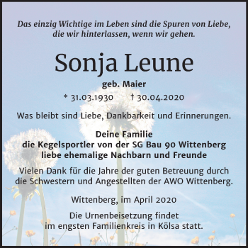 Traueranzeige von Sonja Leune von Super Sonntag Wittenberg