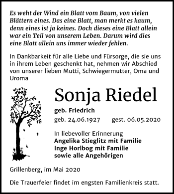 Traueranzeige von Sonja Riedel von Super Sonntag Sangerhausen