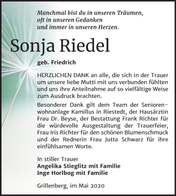 Traueranzeige von Sonja Riedel von Mitteldeutsche Zeitung Sangerhausen