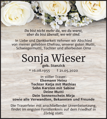 Traueranzeige von Sonja Wieser von Mitteldeutsche Zeitung Bitterfeld