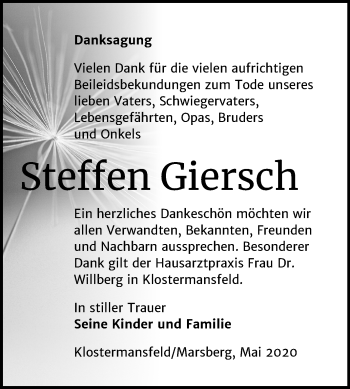 Traueranzeige von Steffen Giersch von Mitteldeutsche Zeitung Mansfelder Land
