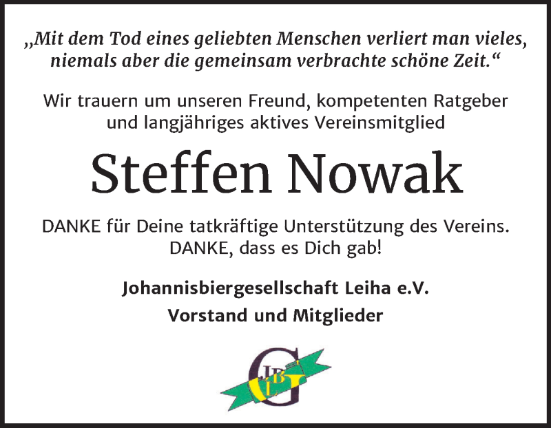  Traueranzeige für Steffen Nowak vom 30.05.2020 aus Super Sonntag Merseburg/Querfurt