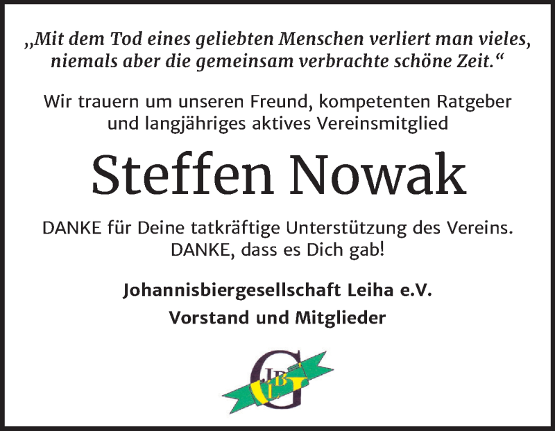  Traueranzeige für Steffen Nowak vom 30.05.2020 aus Mitteldeutsche Zeitung Merseburg/Querfurt