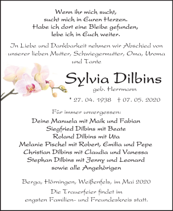 Traueranzeige von Sylvia Dilbins von Mitteldeutsche Zeitung Sangerhausen