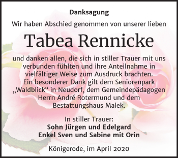 Traueranzeige von Tabea Rennicke von Mitteldeutsche Zeitung Quedlinburg