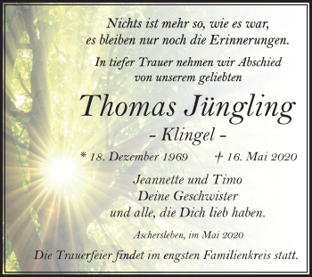 Traueranzeige von Thomas Jüngling von Mitteldeutsche Zeitung Aschersleben