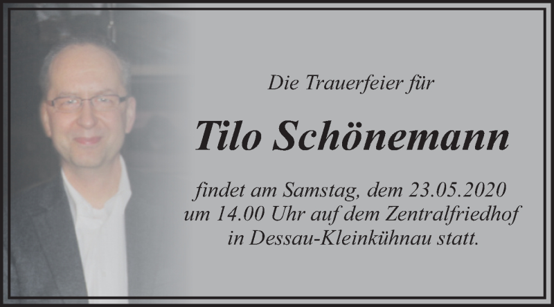  Traueranzeige für Tilo Schönemann vom 16.05.2020 aus Mitteldeutsche Zeitung Dessau-Roßlau
