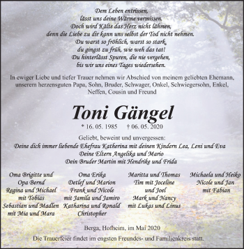 Traueranzeige von Toni Gängel von Super Sonntag Sangerhausen