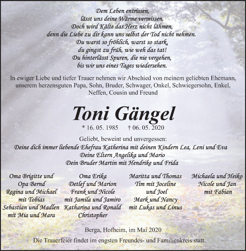  Traueranzeige für Toni Gängel vom 23.05.2020 aus Super Sonntag Sangerhausen