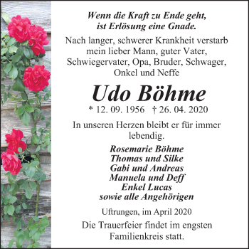 Traueranzeige von Udo Böhme von Mitteldeutsche Zeitung Sangerhausen