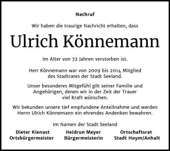 Traueranzeige von Ulrich Könnemann von Super Sonntag Aschersleben