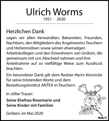 Traueranzeige von Ulrich Worms von Super Sonntag Weißenfels