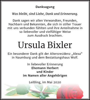 Traueranzeige von Ursula Bixler von Super Sonntag Weißenfels