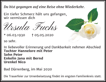 Traueranzeige von Ursula Fuchs von Mitteldeutsche Zeitung Merseburg/Querfurt