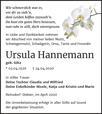 Traueranzeige von Ursula Hannemann von Mitteldeutsche Zeitung Wittenberg