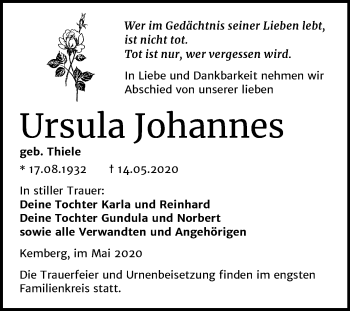 Traueranzeige von Ursula Johannes von Mitteldeutsche Zeitung Wittenberg