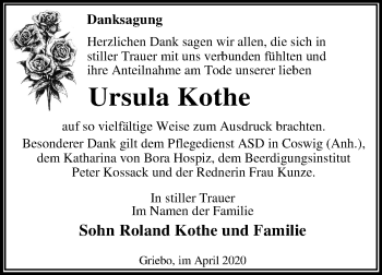 Traueranzeige von Ursula Kothe von Mitteldeutsche Zeitung Wittenberg