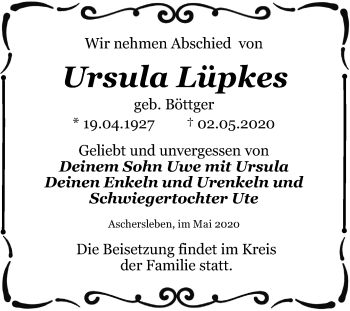 Traueranzeige von Ursula Lüpkes von Super Sonntag Aschersleben